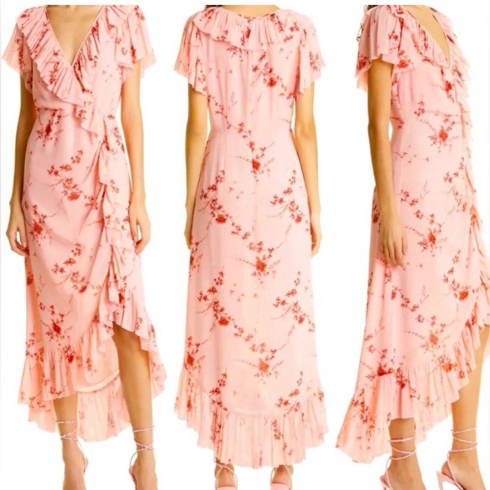 Cinq a Sept Fleur Sheila Faux Wrap dress. pale roseFloral Pink Ruffle Wrap Dress - Picture 3 of 15